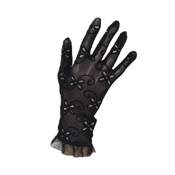 Vintage style gloves with velvety swirl pattern and glitter accent