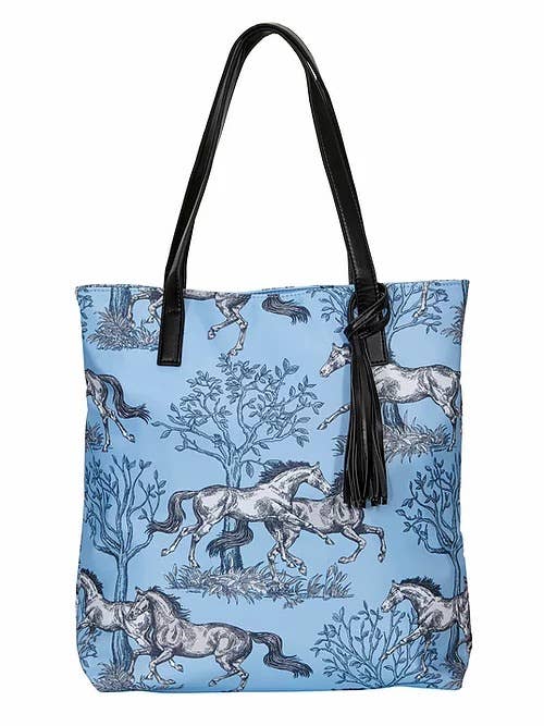 Blue Toile Tote Bag With Tassel