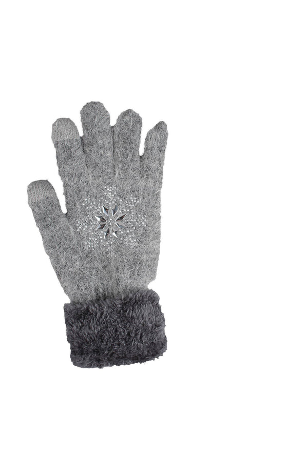 Gray fuzzy gloves with jeweled detail