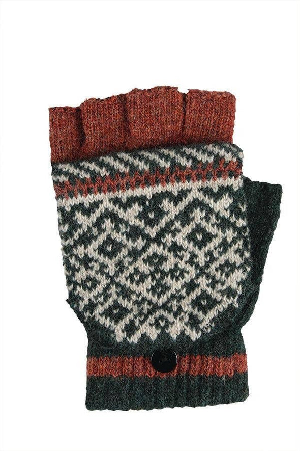 Knit rust fingerless gloves with mitten cap