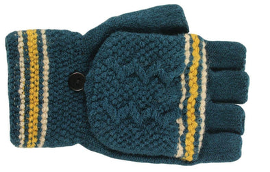 Knit teal fingerless gloves with mitten cap