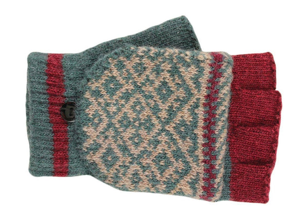 Knit teal fingerless gloves with mitten cap